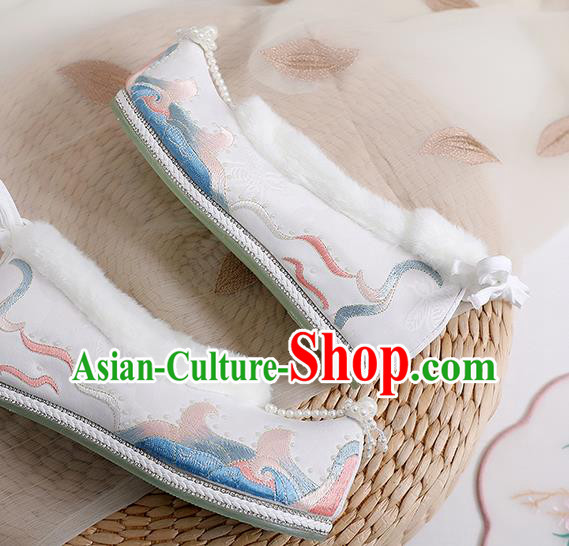 China Ming Dynasty Pearls Tassel Shoes Embroidered White Cloth Shoes Ancient Shoes Traditional Hanfu Winter Shoes