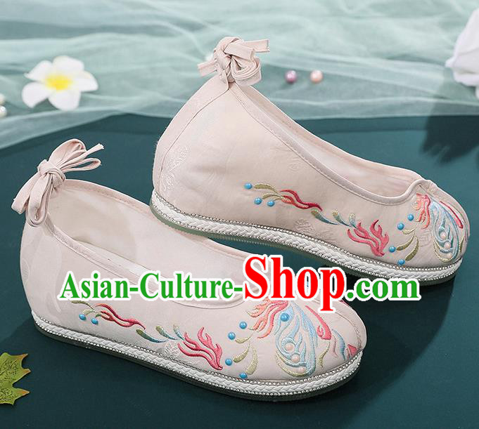 Chinese Hanfu Shoes Traditional Ming Dynasty Young Lady Shoes Beige Cloth Embroidered Shoes