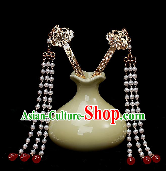 Chinese Traditional Ming Dynasty Court Lady Tassel Hair Stick Ancient Empress Golden Hairpin