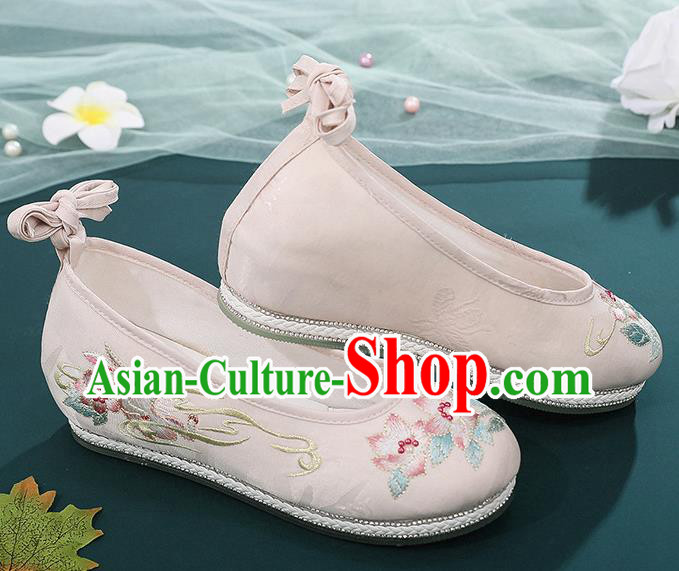 Chinese National Woman Beige Cloth Shoes Embroidery Flowers Shoes Traditional Hanfu Shoes