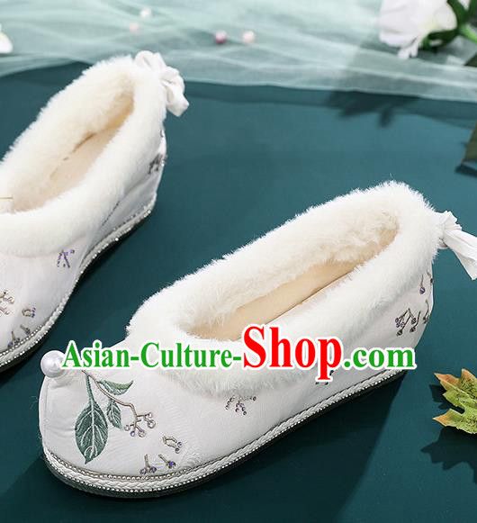 China Traditional Winter Hanfu Shoes Ancient Ming Dynasty Princess Bow Shoes Embroidered White Cloth Shoes