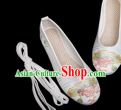 Chinese Handmade White Cloth Shoes Classical Dance Shoes Traditional Embroidered Lotus Shoes