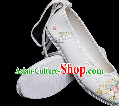 Chinese Handmade White Cloth Shoes Classical Dance Shoes Traditional Embroidered Lotus Shoes