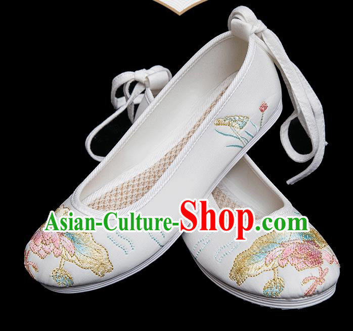 Chinese Handmade White Cloth Shoes Classical Dance Shoes Traditional Embroidered Lotus Shoes