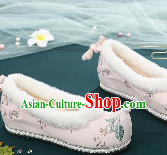 China Embroidered Pink Cloth Shoes Traditional Winter Hanfu Shoes Ancient Ming Dynasty Princess Bow Shoes