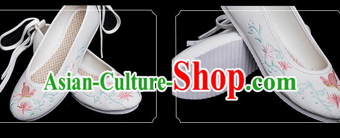 Chinese Classical Dance Shoes Traditional Embroidered Butterfly Shoes Handmade White Cloth Shoes