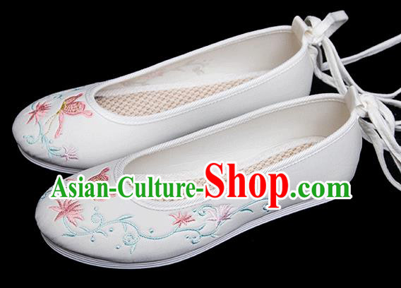 Chinese Classical Dance Shoes Traditional Embroidered Butterfly Shoes Handmade White Cloth Shoes