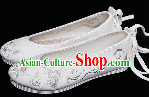 Chinese National Woman Shoes Classical Embroidered Butterfly Shoes Traditional White Cloth Shoes