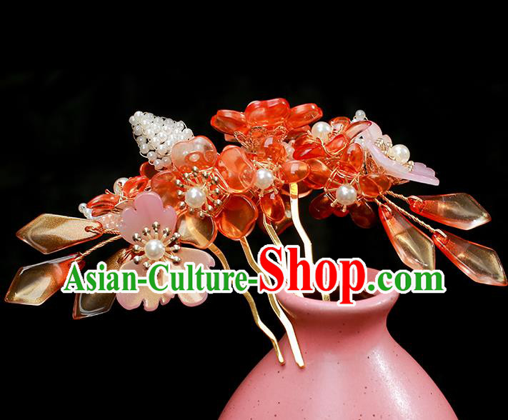 Chinese Ancient Princess Red Flowers Hairpin Traditional Ming Dynasty Hanfu Hair Comb