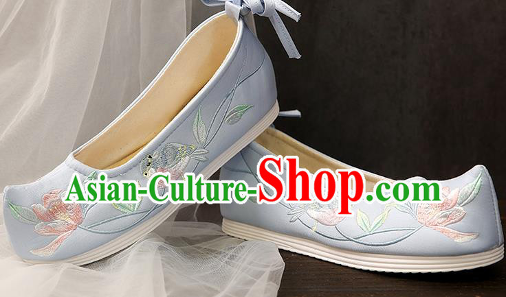 China Ancient Hanfu Shoes Embroidery Flower Bird Blue Cloth Shoes Traditional Ming Dynasty Princess Shoes