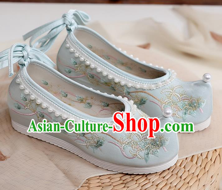 China Embroidery Pearls Shoes Traditional Song Dynasty Princess Blue Cloth Shoes Ancient Hanfu Shoes