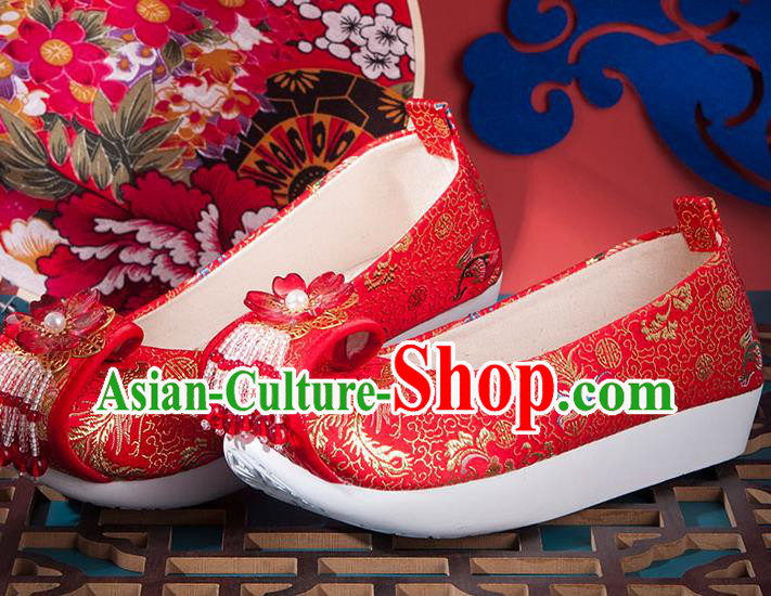 China Ancient Hanfu Shoes Handmade Red Brocade Shoes Traditional Ming Dynasty Wedding Shoes