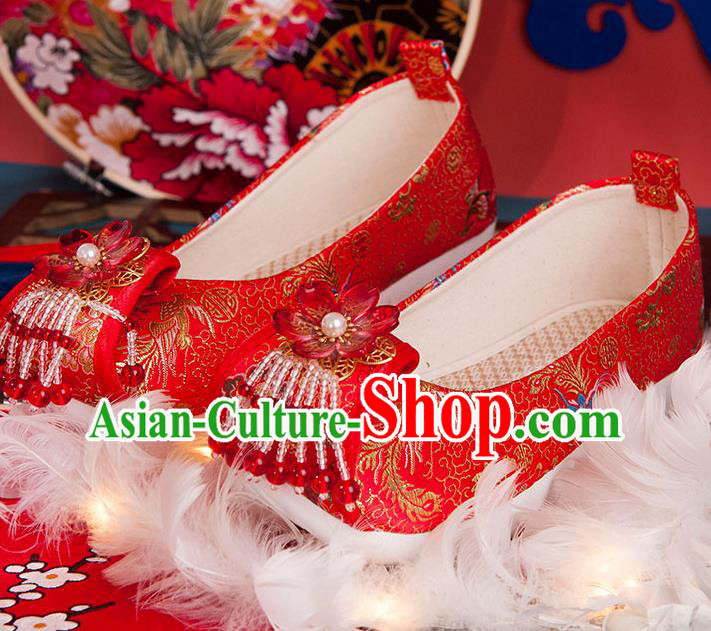 China Ancient Hanfu Shoes Handmade Red Brocade Shoes Traditional Ming Dynasty Wedding Shoes