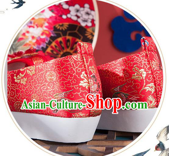 China Ancient Hanfu Shoes Handmade Red Brocade Shoes Traditional Ming Dynasty Wedding Shoes
