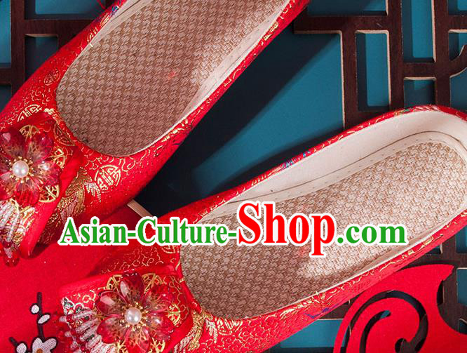 China Ancient Hanfu Shoes Handmade Red Brocade Shoes Traditional Ming Dynasty Wedding Shoes