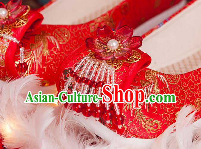 China Ancient Hanfu Shoes Handmade Red Brocade Shoes Traditional Ming Dynasty Wedding Shoes