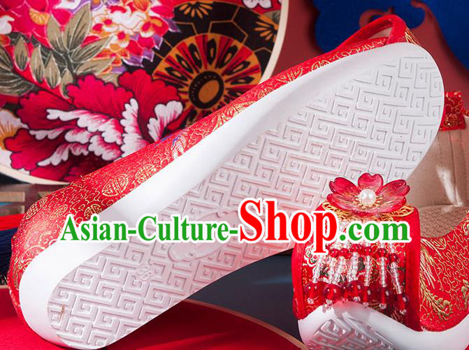 China Ancient Hanfu Shoes Handmade Red Brocade Shoes Traditional Ming Dynasty Wedding Shoes