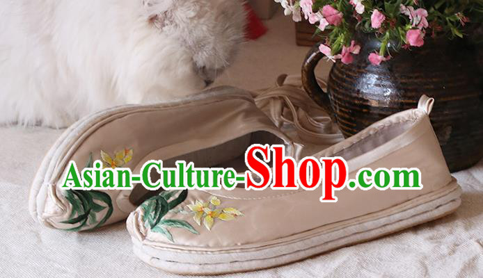 Chinese Yunnan Ethnic Beige Satin Shoes Hand Embroidered Orchids Shoes Traditional National Shoes