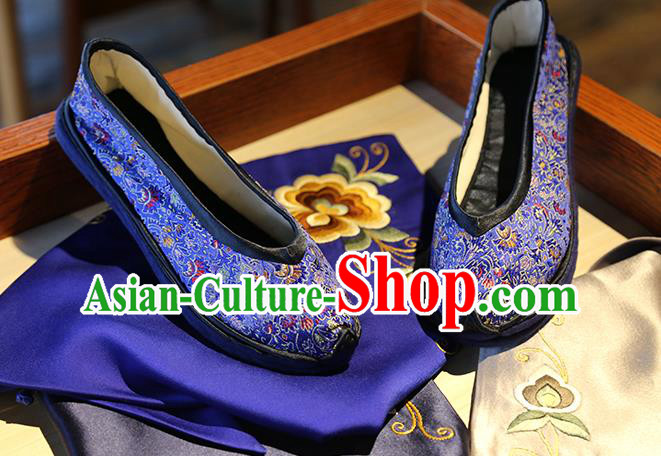 Chinese Classical Cockscomb Pattern Brocade Shoes Handmade Royalblue Shoes Traditional Yunnan Ethnic Wedding Shoes
