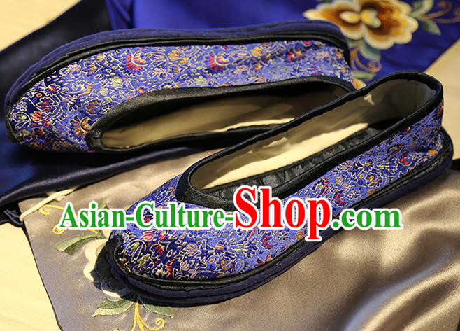 Chinese Classical Cockscomb Pattern Brocade Shoes Handmade Royalblue Shoes Traditional Yunnan Ethnic Wedding Shoes