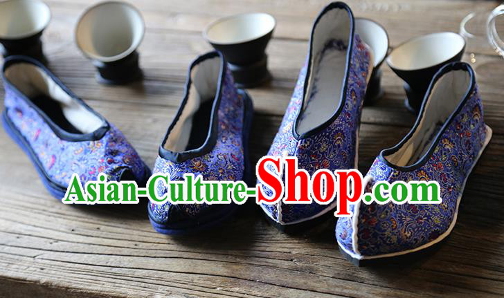 Chinese Handmade Classical Cockscomb Pattern Brocade Shoes Traditional Royalblue Dance Shoes
