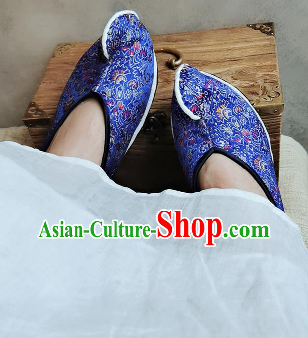 Chinese Handmade Classical Cockscomb Pattern Brocade Shoes Traditional Royalblue Dance Shoes