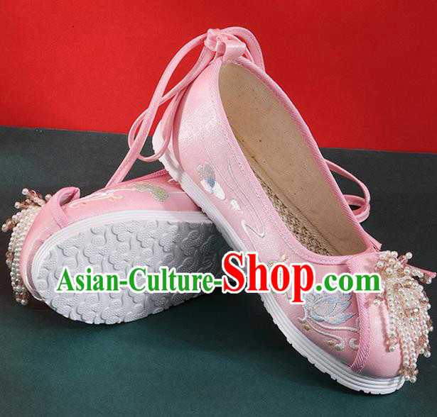 Chinese Traditional Beads Tassel Shoes Classical Dance Pink Cloth Shoes National Embroidered Lotus Shoes