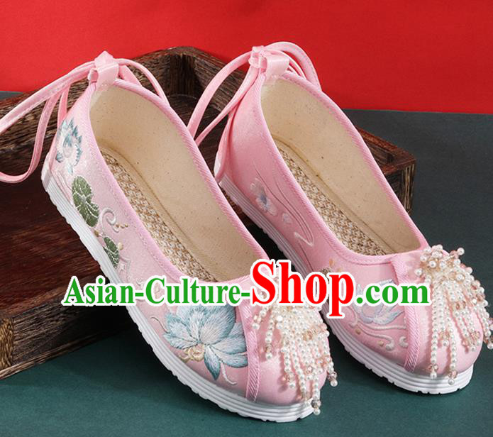 Chinese Traditional Beads Tassel Shoes Classical Dance Pink Cloth Shoes National Embroidered Lotus Shoes