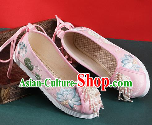 Chinese Traditional Beads Tassel Shoes Classical Dance Pink Cloth Shoes National Embroidered Lotus Shoes