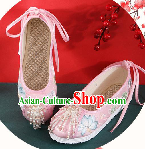 Chinese Traditional Beads Tassel Shoes Classical Dance Pink Cloth Shoes National Embroidered Lotus Shoes