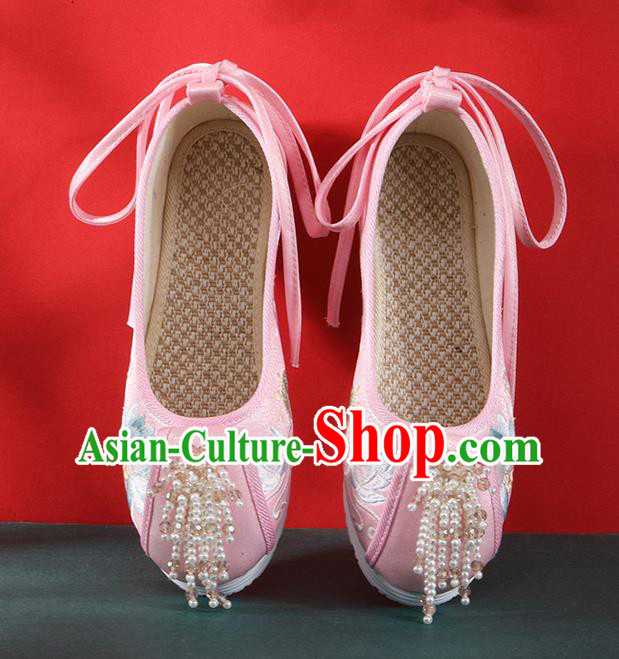 Chinese Traditional Beads Tassel Shoes Classical Dance Pink Cloth Shoes National Embroidered Lotus Shoes