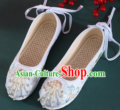 Chinese National Embroidered Lotus Shoes Traditional Beads Tassel Shoes Classical Dance Blue Cloth Shoes