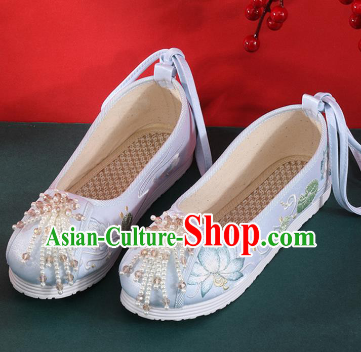 Chinese National Embroidered Lotus Shoes Traditional Beads Tassel Shoes Classical Dance Blue Cloth Shoes
