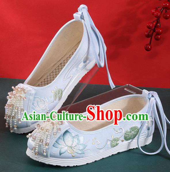 Chinese National Embroidered Lotus Shoes Traditional Beads Tassel Shoes Classical Dance Blue Cloth Shoes