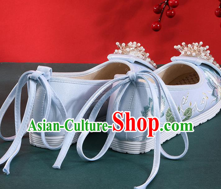 Chinese National Embroidered Lotus Shoes Traditional Beads Tassel Shoes Classical Dance Blue Cloth Shoes