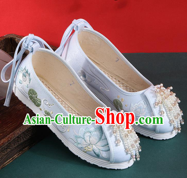 Chinese National Embroidered Lotus Shoes Traditional Beads Tassel Shoes Classical Dance Blue Cloth Shoes