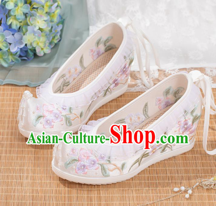 Chinese National Embroidery Flowers White Satin Shoes Traditional Pearls Bow Shoes Classical Wedge Heel Shoes