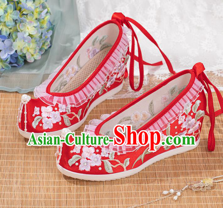 Chinese Classical Wedding Wedge Heel Shoes National Embroidery Flowers Red Satin Shoes Traditional Xiuhe Pearls Shoes