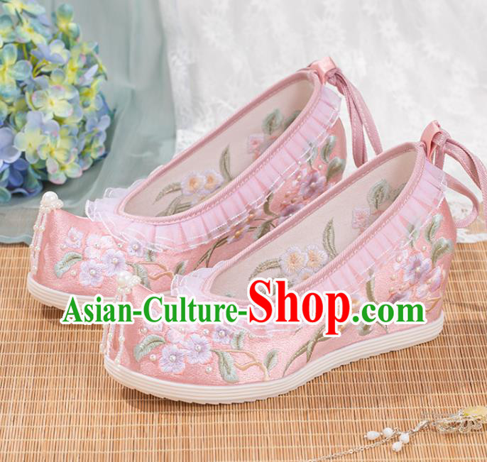Chinese Traditional Pink Satin Pearls Shoes Classical Wedge Heel Shoes National Embroidery Flowers Shoes