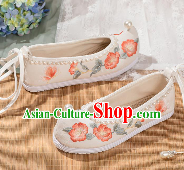 China Traditional Hanfu Shoes Ming Dynasty White Cloth Bow Shoes Ancient Princess Embroidery Shoes