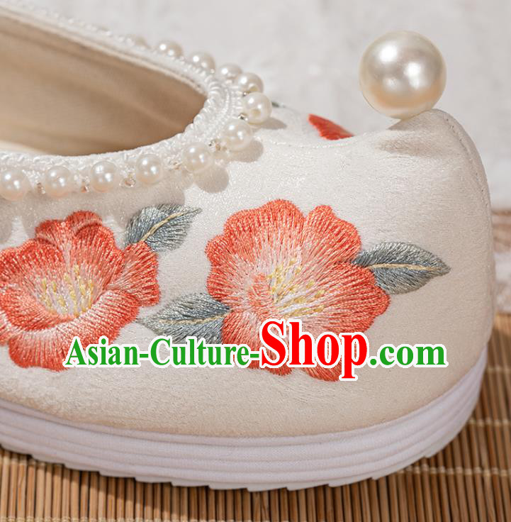 China Traditional Hanfu Shoes Ming Dynasty White Cloth Bow Shoes Ancient Princess Embroidery Shoes