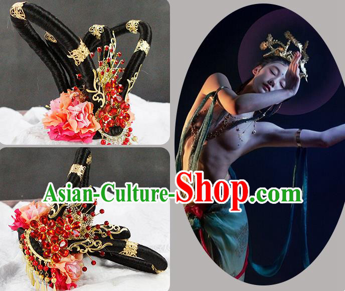 China Classical Flying Apsaras Dance Wigs Chignon Traditional Tang Dynasty Palace Lady Headwear