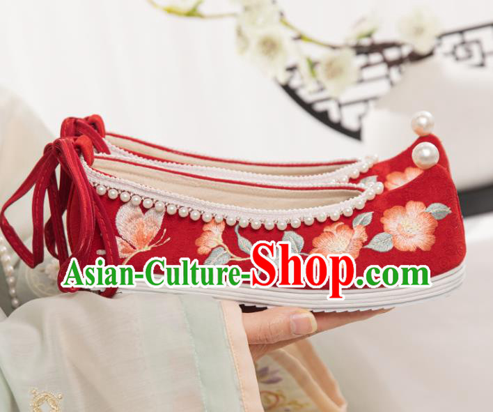 China Ancient Princess Embroidery Shoes Traditional Wedding Hanfu Shoes Ming Dynasty Red Cloth Bow Shoes