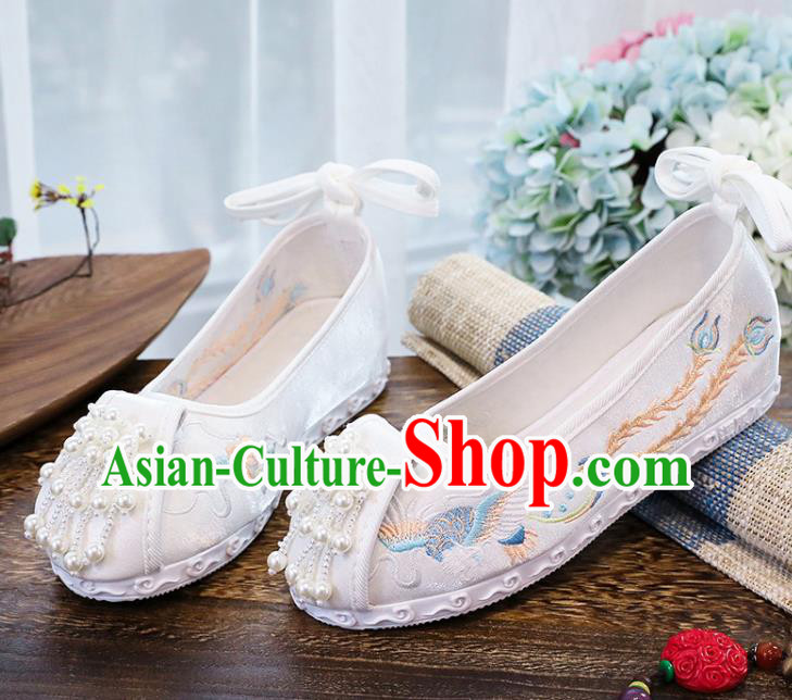 Chinese Traditional Hanfu White Cloth Shoes Classical Dance Shoes National Embroidery Phoenix Shoes