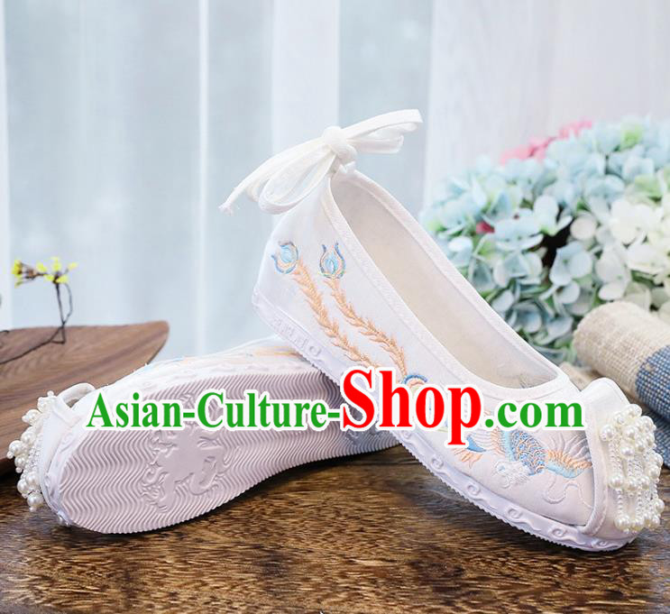 Chinese Traditional Hanfu White Cloth Shoes Classical Dance Shoes National Embroidery Phoenix Shoes