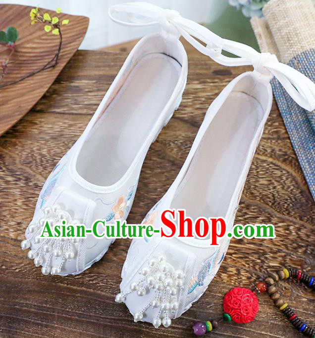 Chinese Traditional Hanfu White Cloth Shoes Classical Dance Shoes National Embroidery Phoenix Shoes