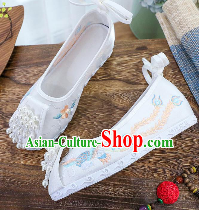 Chinese Traditional Hanfu White Cloth Shoes Classical Dance Shoes National Embroidery Phoenix Shoes