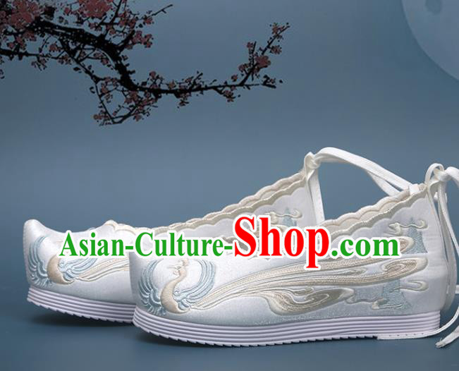 Chinese Classical Dance White Satin Shoes National Embroidery Phoenix Shoes Traditional Hanfu Shoes