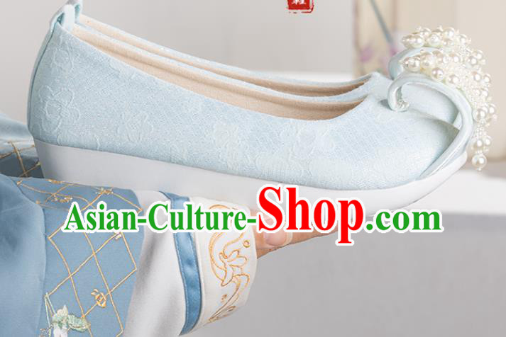 China Ancient Princess Pearls Toe Shoes Hanfu Shoes Traditional Tang Dynasty Blue Cloth Shoes