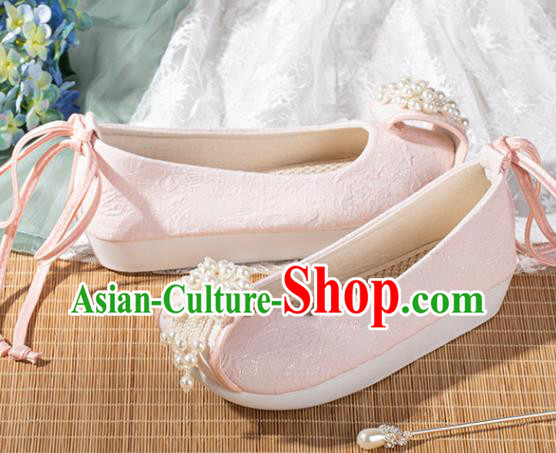 China Traditional Tang Dynasty Pink Cloth Shoes Ancient Princess Shoes Hanfu Pearls Toe Shoes